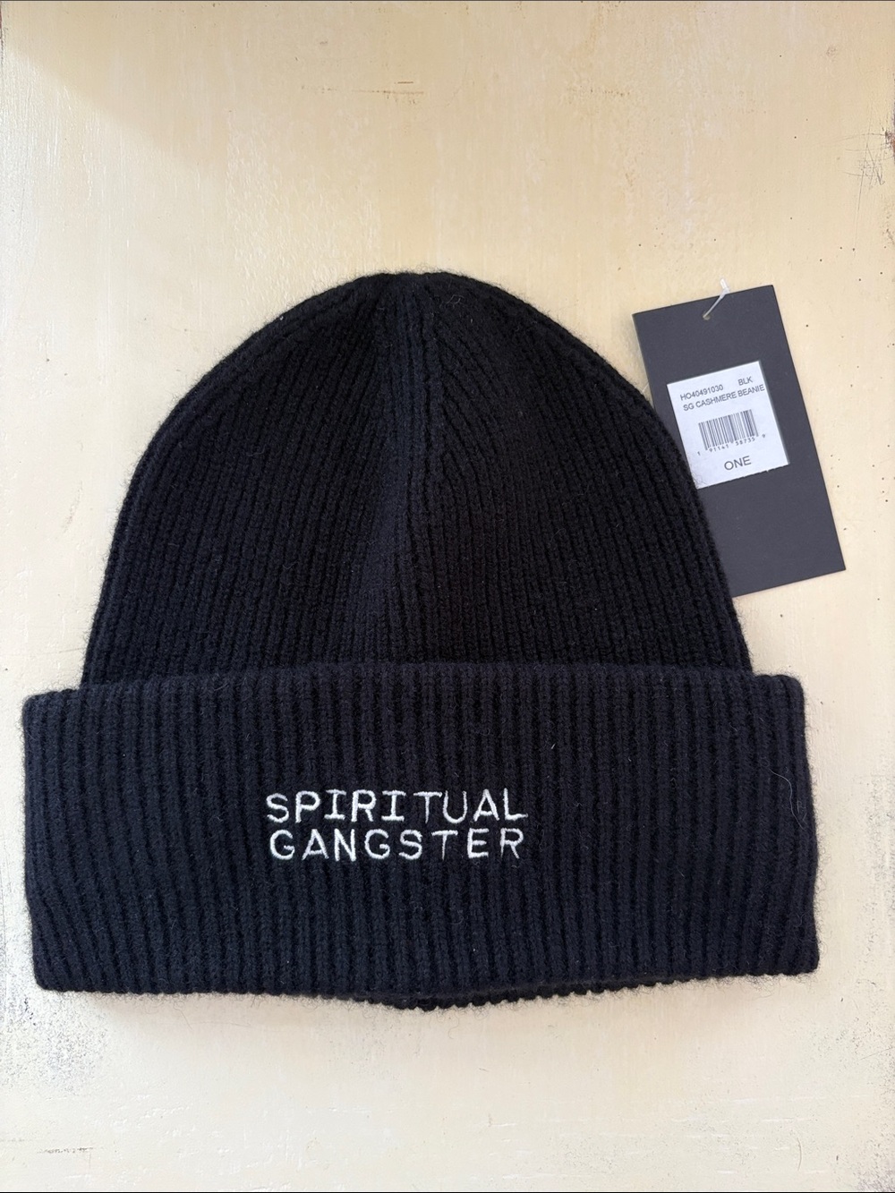 Spiritual Gangster Black Cashmere Wool Embroidered Beanie Hat NWT